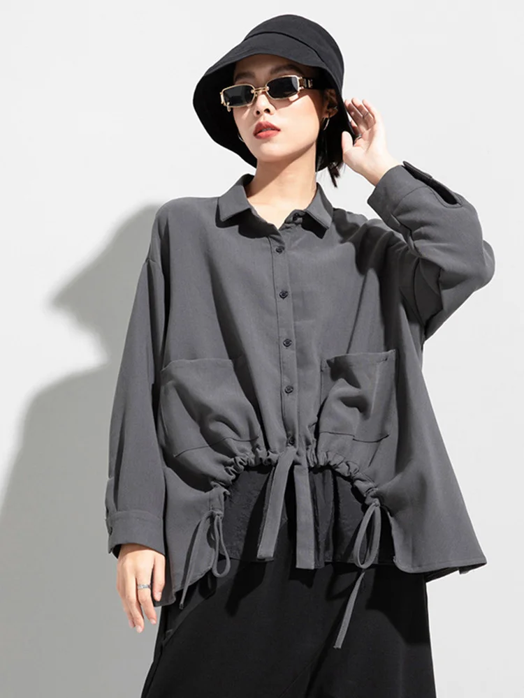 [EAM] Women Drawstring Big Size Fake Two Blouse New Lapel Long Sleeve Loose Fit Shirt Fashion Tide Spring Autumn 2024 1DD0160