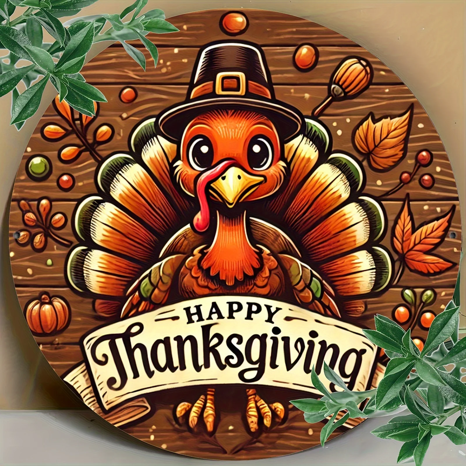 لافتات ولوحات زخرفية قطعة واحدة من فن الحائط النحاسي لعيد الشكر السعيد - لافتة معدنية عتيقة مستديرة مقاس 8 × 8 بوصة #2