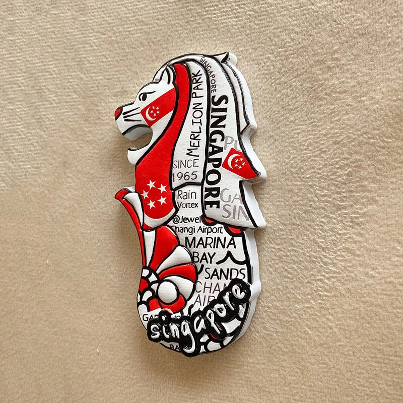 Pamiątki turystyczne z Singapuru, dekoracja 3D z ludzkim ciałem, syrenim ogonem i flagą narodową, mocne magnesy na lodówkę.