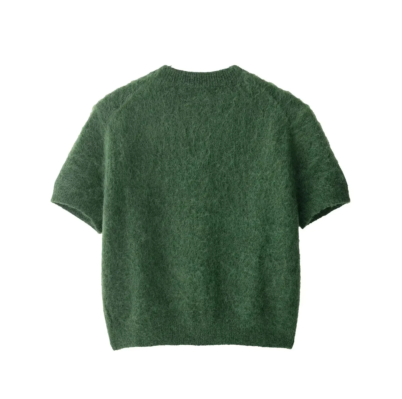 Minimalistyczny sweter damski na jesień 2025 - zielony, krótki rękaw, dzianinowy kardigan, vintage, okrągły dekolt, zapinany na jeden guzik.