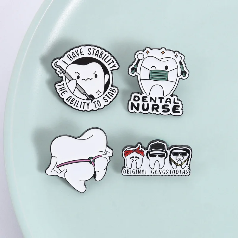Broches de revers mignonnes pour infirmière dentaire, soins bucco-dentaires, avec le message 'J'ai la stabilité et la capacité de protéger les dents et l'émail'.