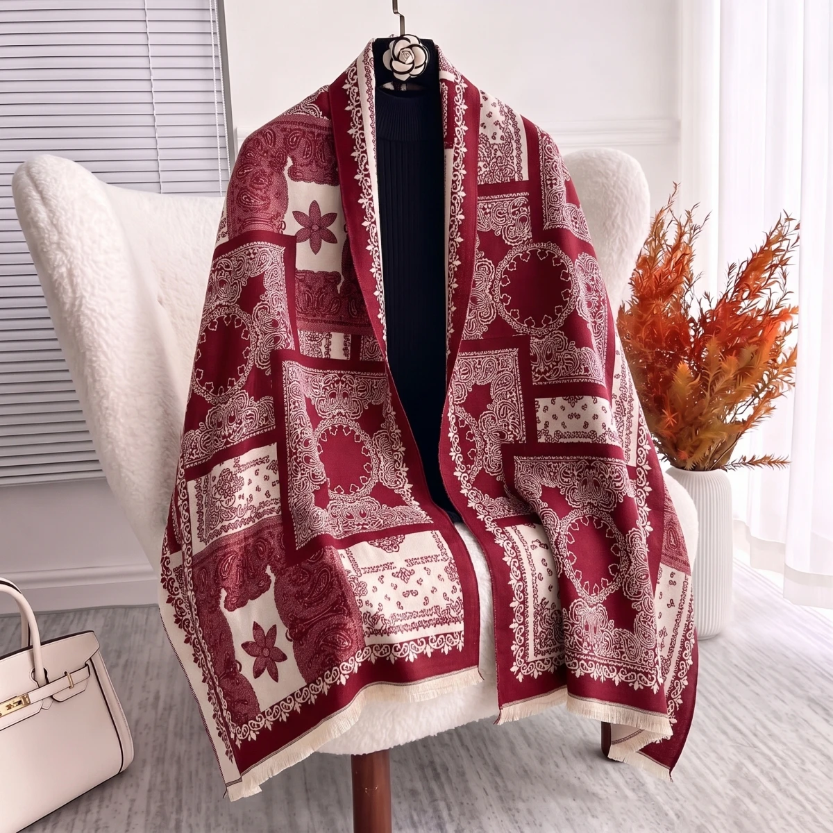 Women Vintage Pashmina Brushed Scarf Double Sided Reversible Shawl Soft Warm Scarves Wrap Winter Coat Matching Fashion Accessory