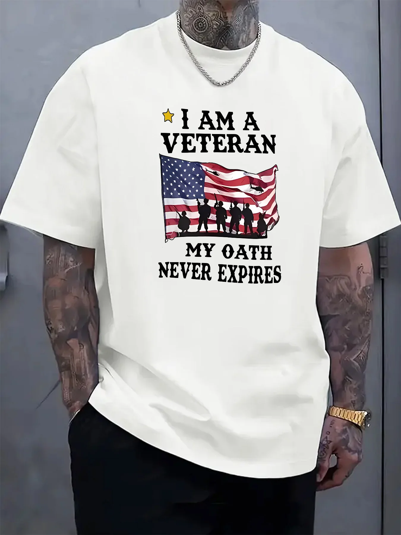 Men'S Plus Size I AM A VETERAN MY OATH NEVER EXPIRES T-Shirt | Military Apparel With American Flag And Veteran Badge Print, Crew