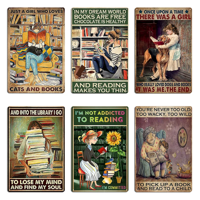 مجرد فتاة تحب القطط والكتب في عالم أحلامي علامة معدنية لغرفة المعيشة ملصق بار المرآب طباعة تين تسجيل ملصق