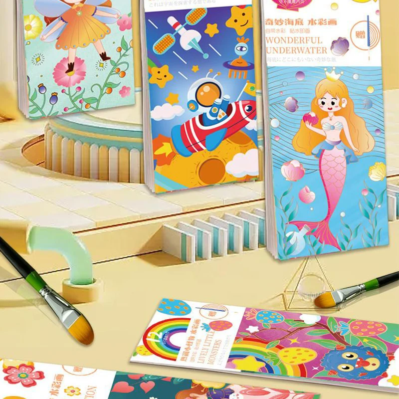 

New 12 Sheets/Set Portable Watercolor Painting Book Coloring Book With Paint Brush Book Kids Graffiti Picture Drawing Stationery