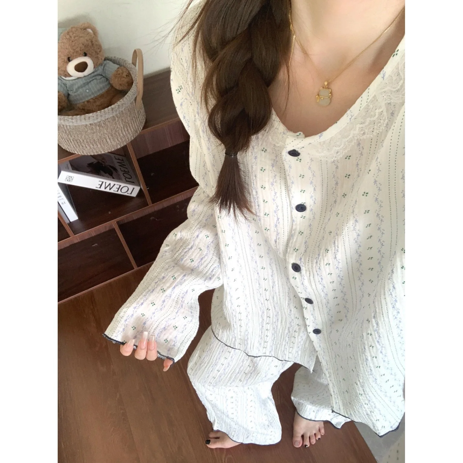 Women Spring Autumn Lace Collar Long Sleeve Pajamas Girls Ladies Soft Homewear Two-Piece Set Teen Loungewear Relaxed Casual Set