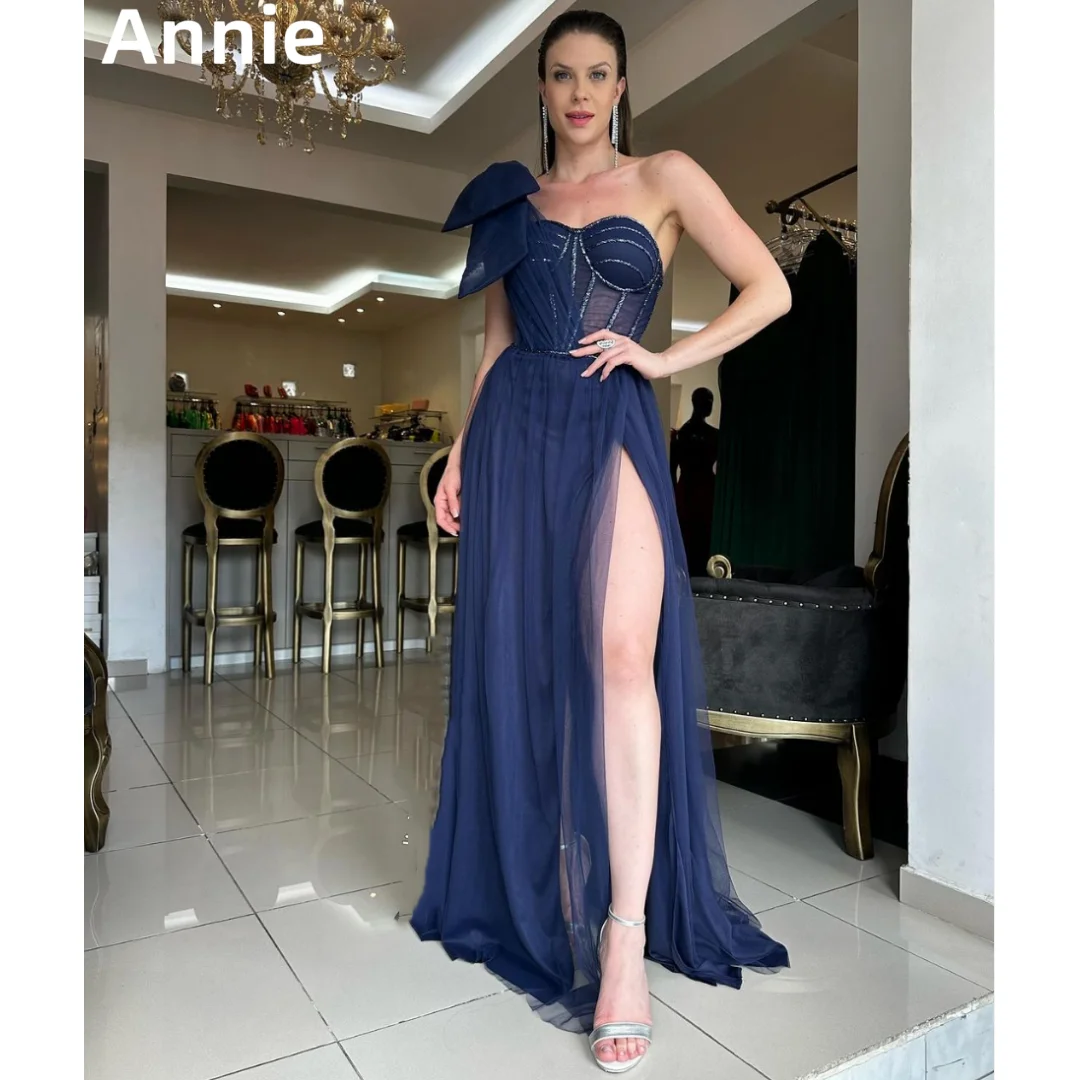 Annie Marineblau Ballkleider sexy Schulter Flash Abendkleider A-förmigen Bogen Tüll formelle Anlässe Damen Dinner Party Kleider