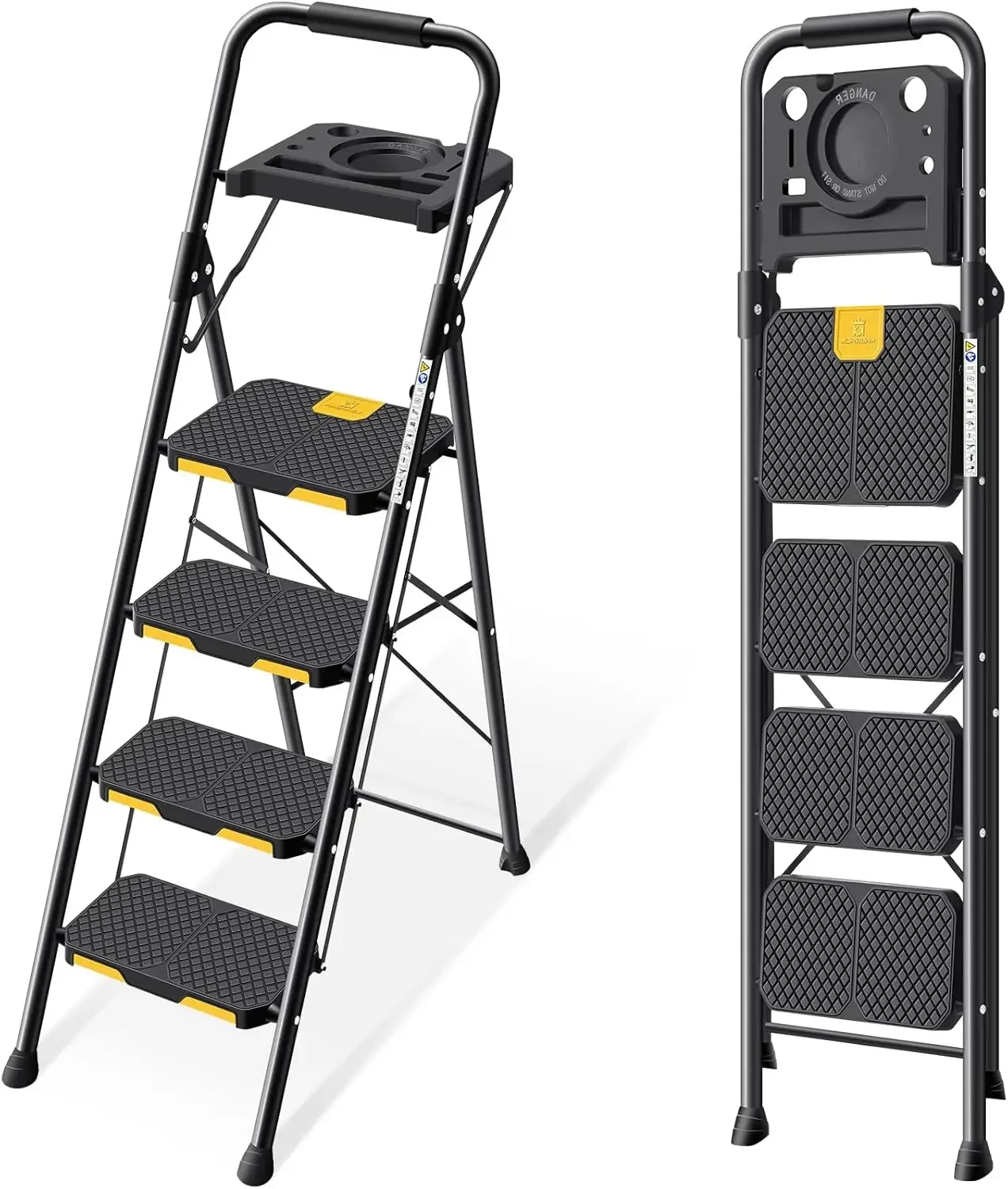 4 steps with tool platform, folding step stool with wide pedals, safety locking, sturdy steel ladder portable safety ladder