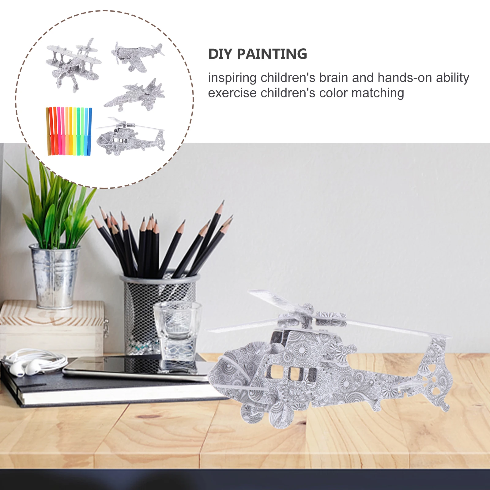 

4Pcs 3D Airplane Puzzle DIY Painting Kit Educational Kids Art Craft Graffiti Set Including 12 Pens Gift Relax 3D Puzzles