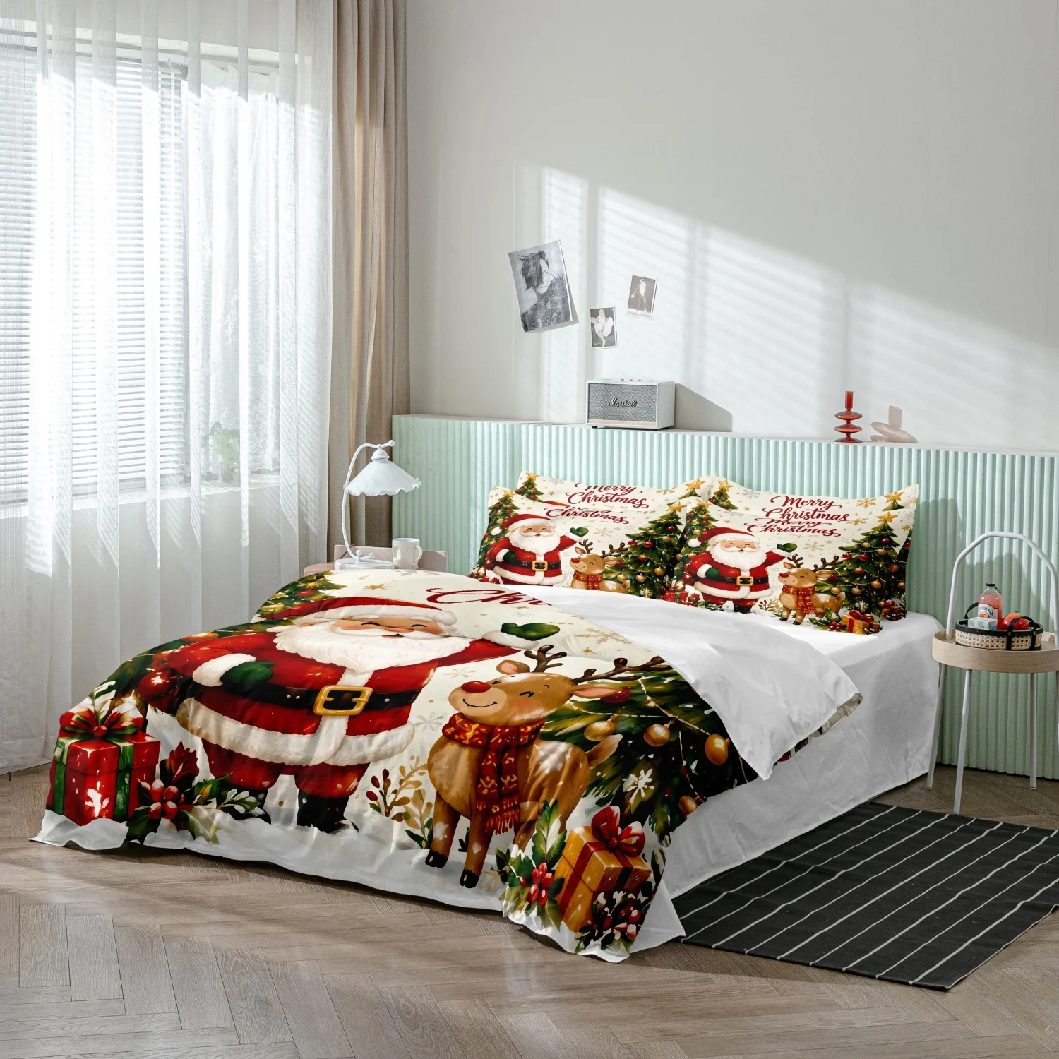 3Pcs Duvet Cover, Santa Claus Reindeer Christmas Tree Gift Box Snowflake Merry Christmas Print Bedding, Multiple Sizes Available