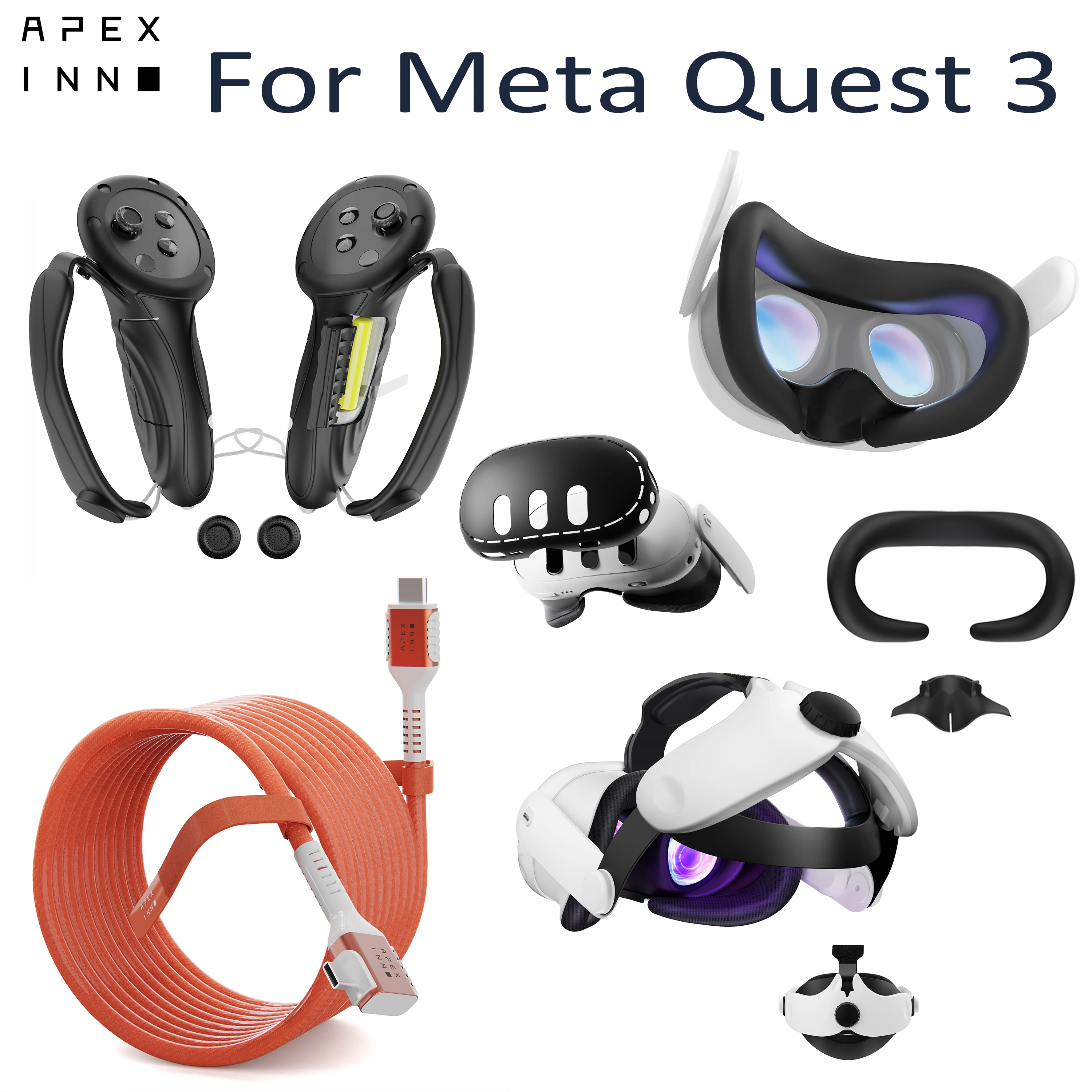 Apexinno Head Strap 20ft Link Kabel Voor Meta Quest 3 Vr Headset 4-In-1 Siliconen Beschermhoes Voor Quest 3 Vr Accessoires