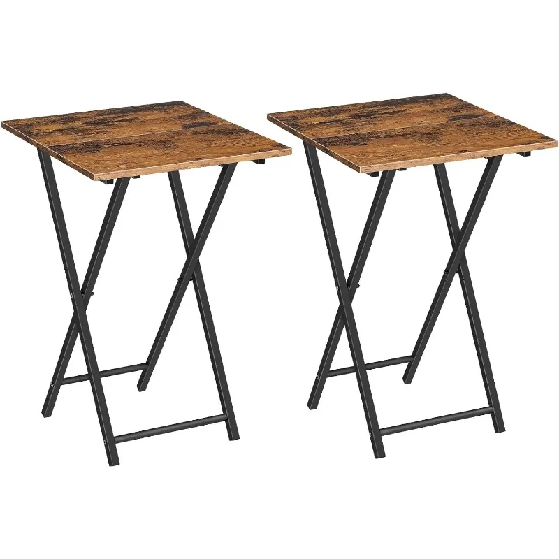 Folding TV Tray Tables, Set of 2 Wooden TV Trays Side Tables, Portable Sofa Snack Table, Industrial End Table for Small Spaces