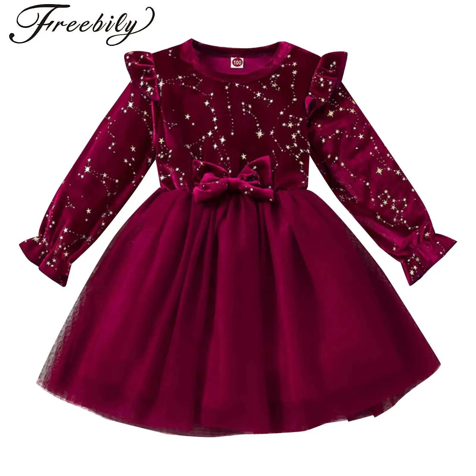 

Toddler Girls Shiny Star Red Velvet Dress Long Sleeve Bow Puff Tulle Dress Christmas New Year Princess Dress Birthday Party Gown