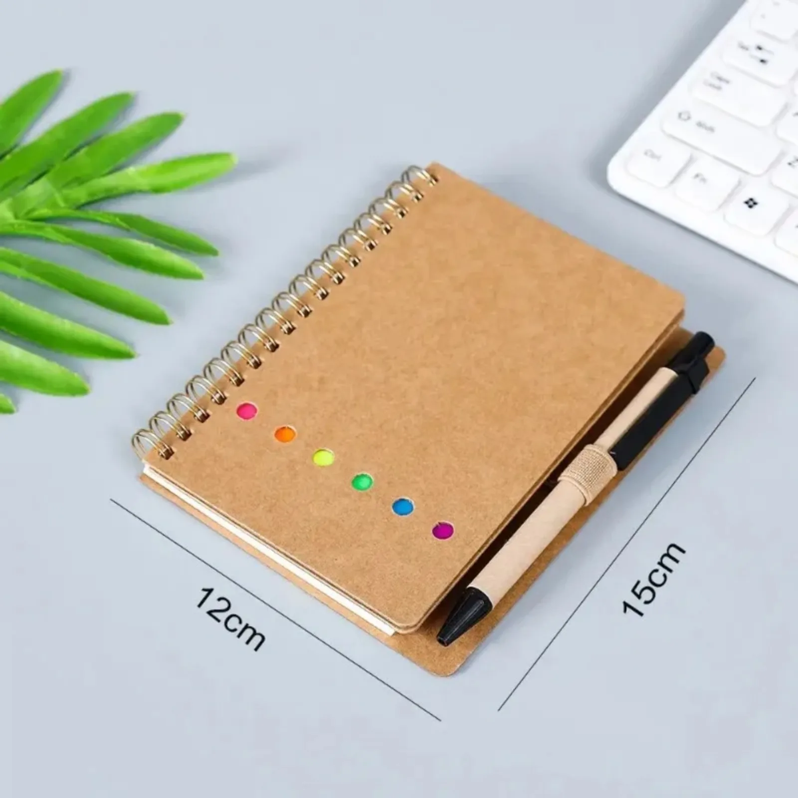 Lined Spiral Notebook Kraft Paper Cover Notepad with Pen in Holder, Sticky Notes and Page Marker, Business Small Notebook