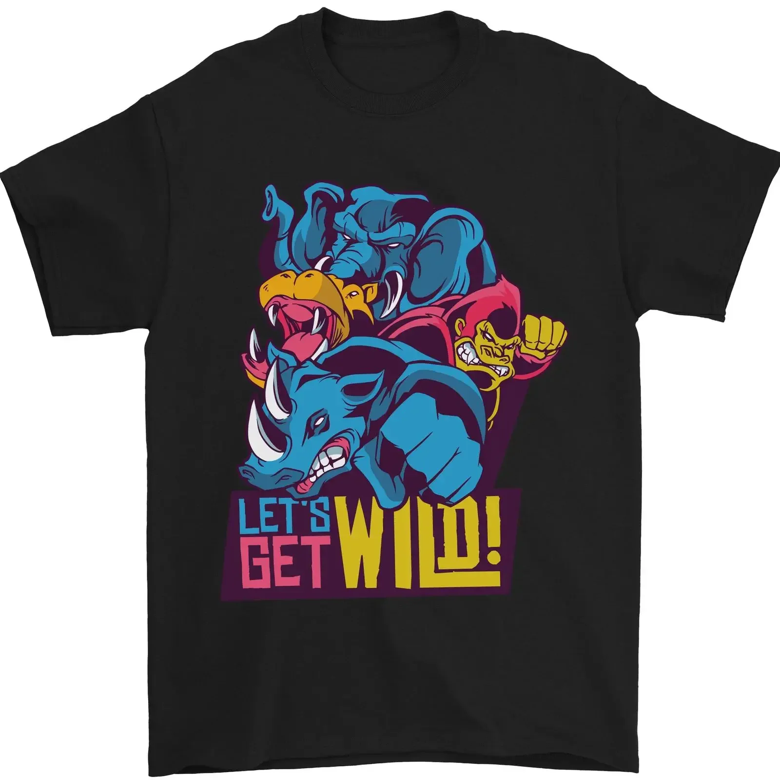 Lets Get Wild Rhino Gorilla Elephant Hippo Mens T Shirt 100 Cotton vintage Washed Casual Comfortable Unisex Slightly Breathable