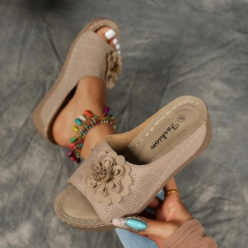 

Women's Orthopedic Wedge Slide Sandals 3D Flower Perforated Open Toe Slip on Comfort Summer Beach Everyday Walking Shoes Ladies