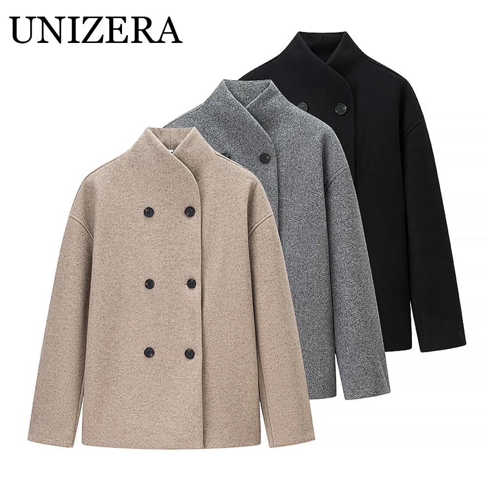 

New autumn Korean style minimalist stand up collar long sleeved loose double breasted short woolen coat jacket