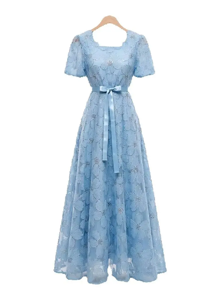 Elegant Lace Embroidered Long Dress Women Square Collar Puff Sleeve Ribbon Waist Formal Wedding Guest Party Outfit Robe Vestidos