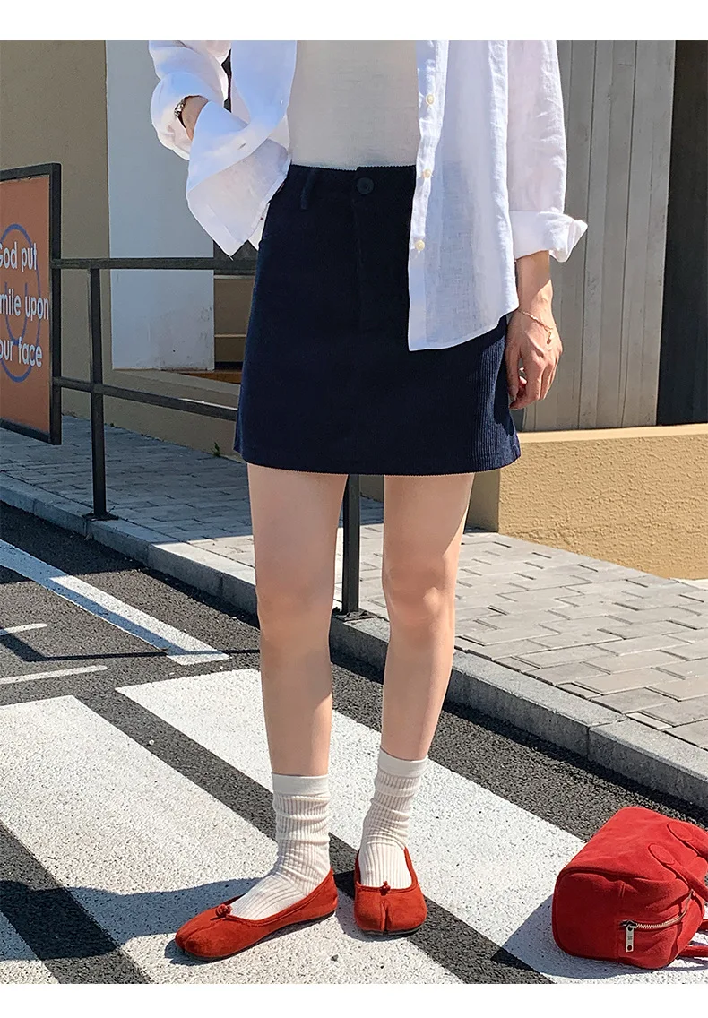 Women's High-Waist A-Line Short Skirt Spring Autumn Retro Brown Corduroy Skirts Woman Solid Color Straight Leg Pencil Skirt Mini