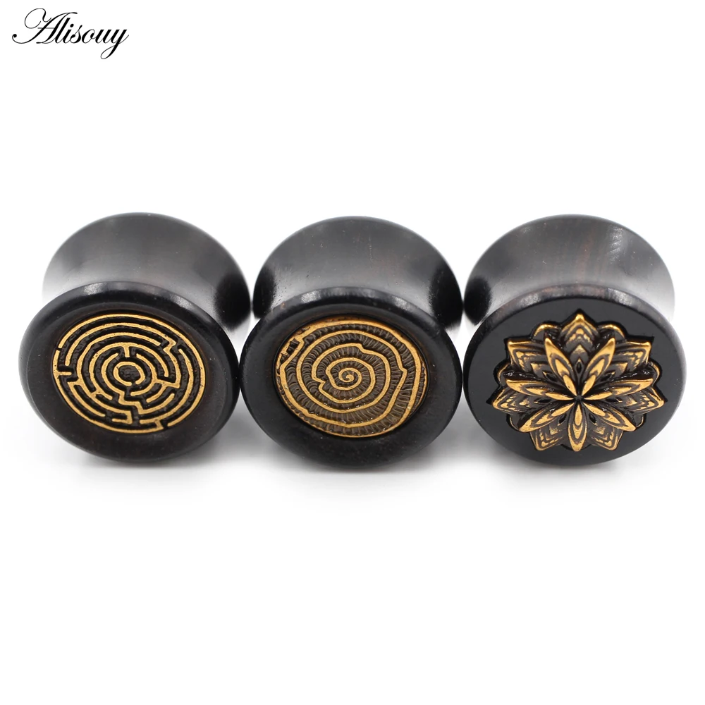 Alisouy 2PCS Wood Copper Flower Spiral Double Flared Ear Tunnels Plug Expander Stretcher Gauges Earrings Piercing Body Jewelry