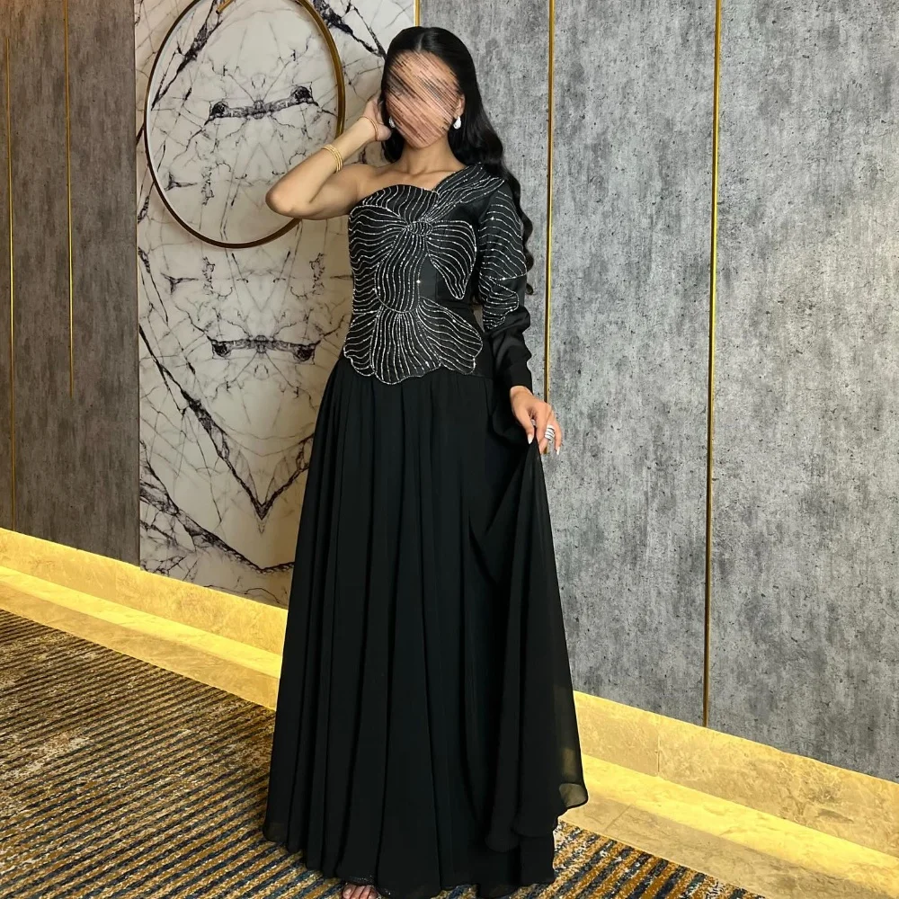 

Классические шифоновые плиссированные платья ручной работы с цветами и блестками, длинные платья трапециевидной формы на одно плечо, изысканные платья для особых случаев на заказ