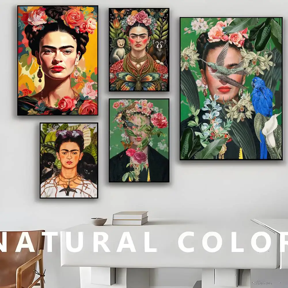 F-K-Kahlos Woman Flowers Art Poster Retro Kraft Paper Sticker DIY Room Bar Cafe Aesthetic Art Wall Painting