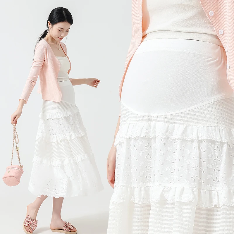 White Cotton Lace Patchwork Cake Skirts Maternity 2024 Summer Fashion Elastic Waist Belly Clothes for Pregnant Women Pregnancy