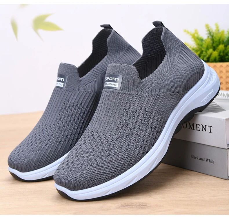 Herren-Strick-Slipper, atmungsaktives, fliegendes Gewebe-Obermaterial, dicke, rutschfeste Sohle, bequeme Freizeitschuhe zum Gehen – Detail 14