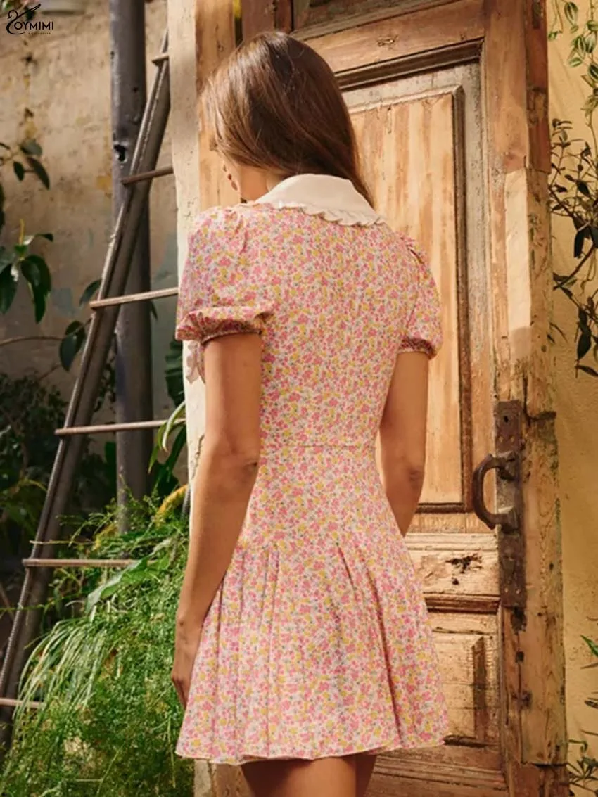 Oymimi Mode Rosa Druck Frauen Kleider Elegante Peter Pan Kragen Kurzarm Bogen Kleider Herbst Neue Plissee Mini Kleid Weibliche