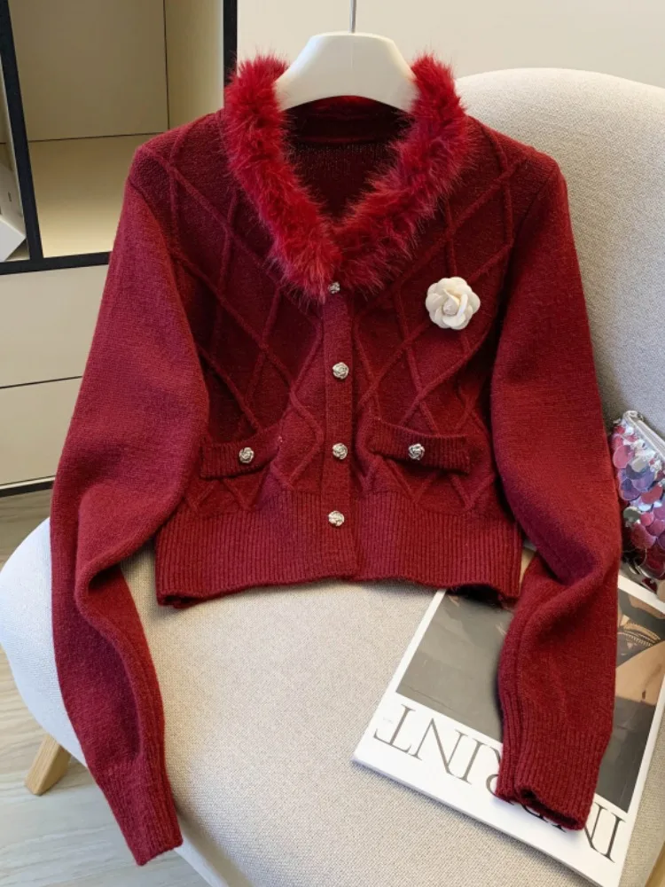 เสื้อคลุมคาร์ดิแกนถักสำหรับผู้หญิง แต่งปกขนสัตว์ ลายข้าวหลามตัด แฟชั่นเกาหลี สำหรับฤดูใบไม้ร่วงและฤดูหนาว อุ่นสบาย ทรง V แขนยาว