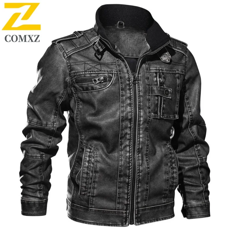 COMXZ Mens PU Leather Jacket New Trendy Stand Collar Travel Thickened Leather Coats Casual Plus Size Windproof Winter Coat​