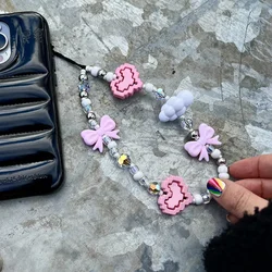 Lovely Heart Bowknot Phone Chains for Women Pink Black Building Blocks Heart Acrylic Bow Beaded Mobile Phone Charms Strap