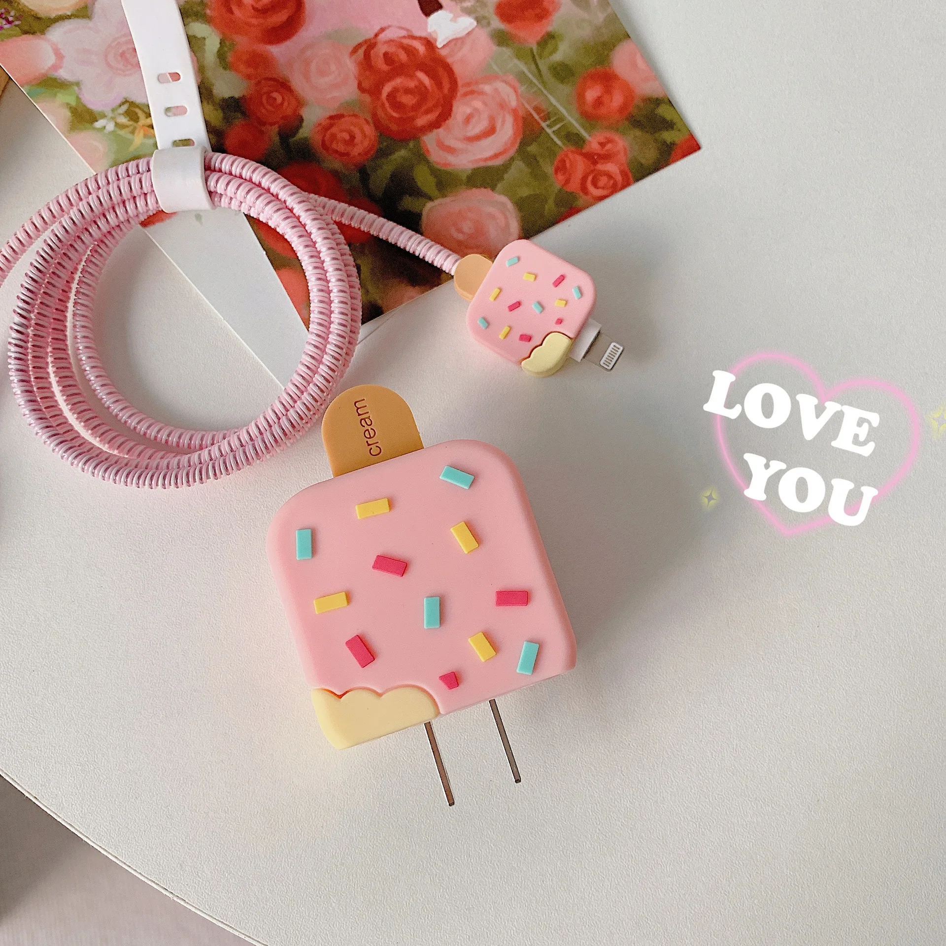 Luxury Begonia Flower USB Cable Data Line Protector Cover For iPhone 18W / 20W Fast Charging Case Cartoon Winder Organizer