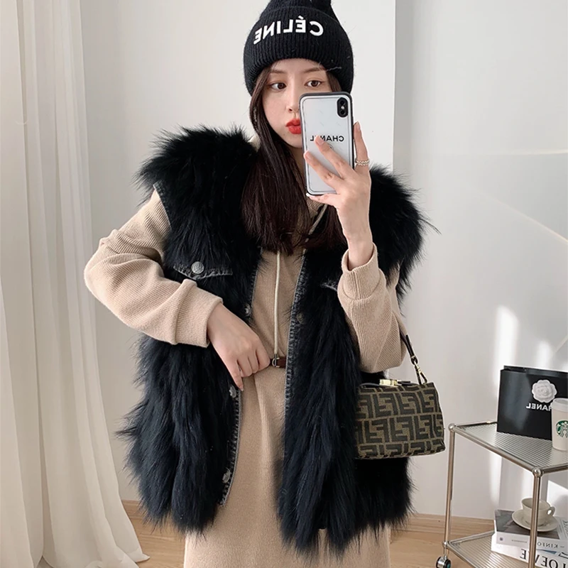 Raccoon Dog Fur Vest Women's Short Autumn and Winter Casual Single-breasted Denim Patchwork High Quality Real Fur Jacket