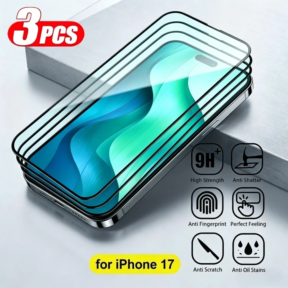 

Комплект из 3 защитных стекол Full Cover для iPhone 17, 16, 15, 14 Pro Max, Air 17e, 16e, 15 Plus, 13, 12, 11 Pro, Mini, твердость 9H, закаленное стекло