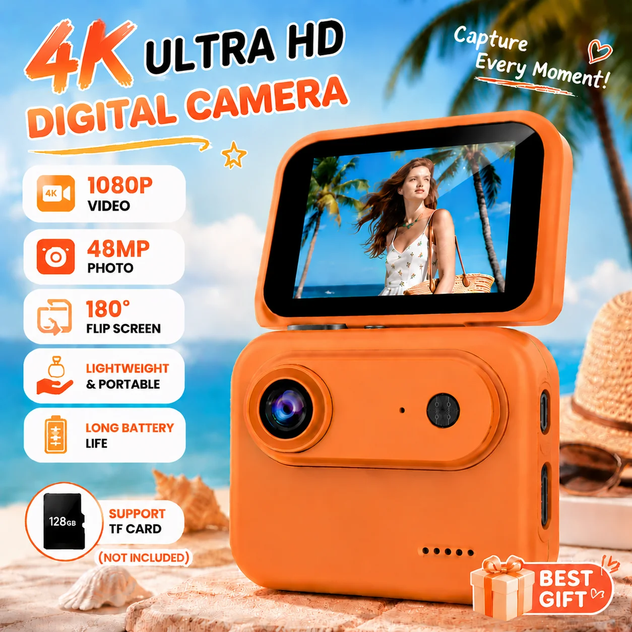 Videocamera d'Azione 4K Ultra HD con Schermo Ribaltabile, Registratore VLOG, Obiettivo Grandangolare, Telecamera per Ciclismo, Mini Cam Sportiva Porta