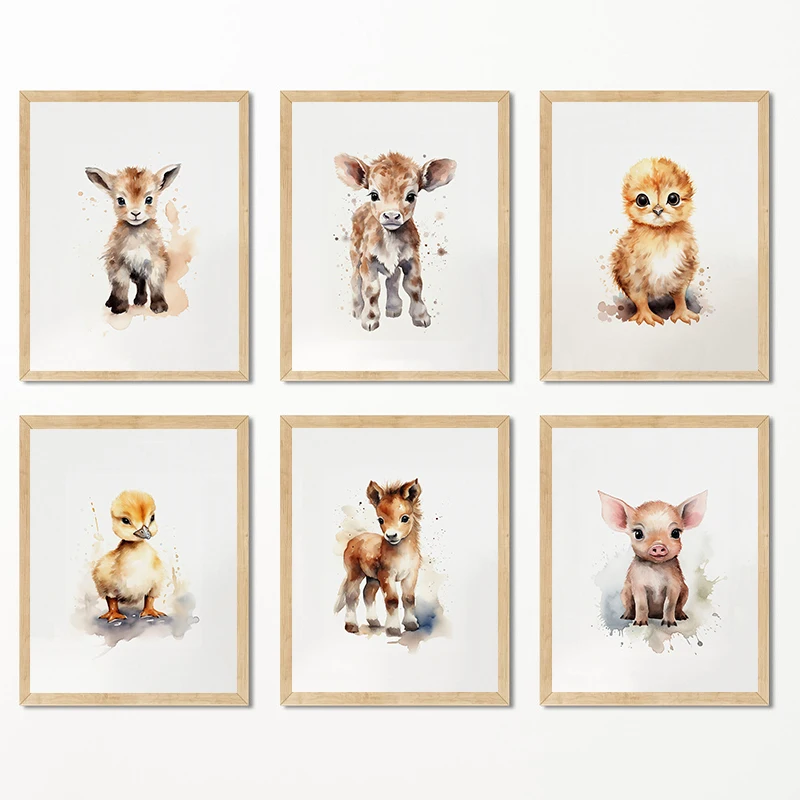 Super Cute Small Animals Duckling Piglet Calf Pony Poster and Prints Canvas Printing Modern Wall Art Picture for Room Home Decor