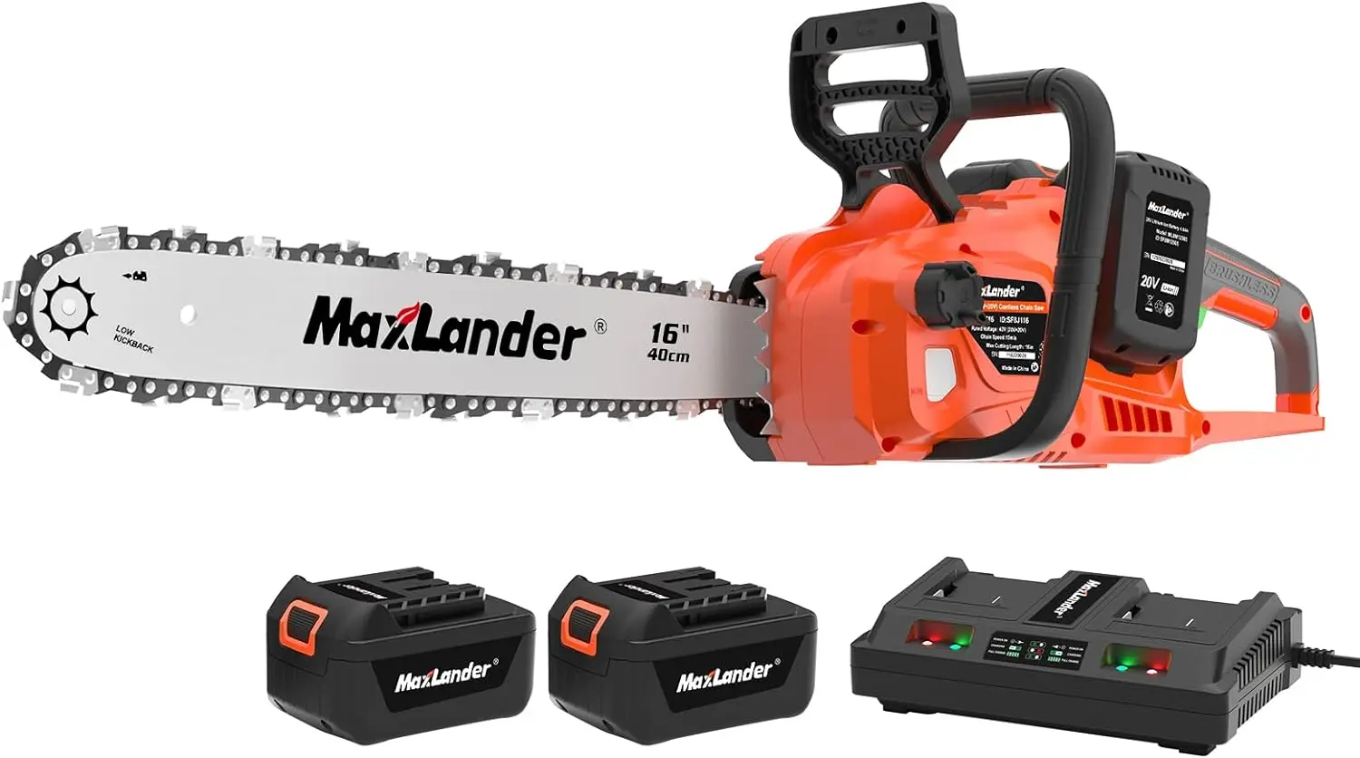 

MAXLANDER 40V Cordless Brushless Chainsaw 16 Inch Electric Battery Powered with 4.0Ah Lithium Battery and Charger Quiet