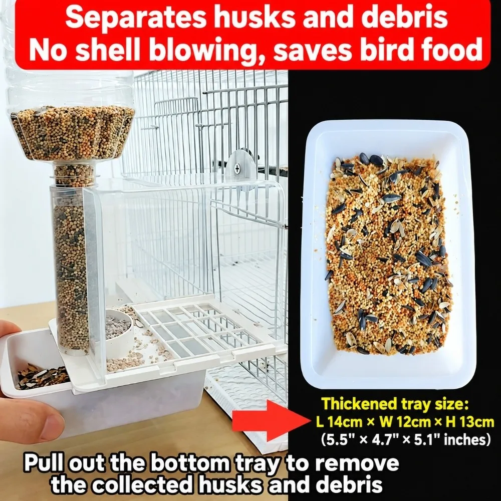 Large Capacity Bird Feeder Husk Separation Splatter Proof Parrot Feeder Long Food Box Auto Dispense Bird Cage Feeding Box