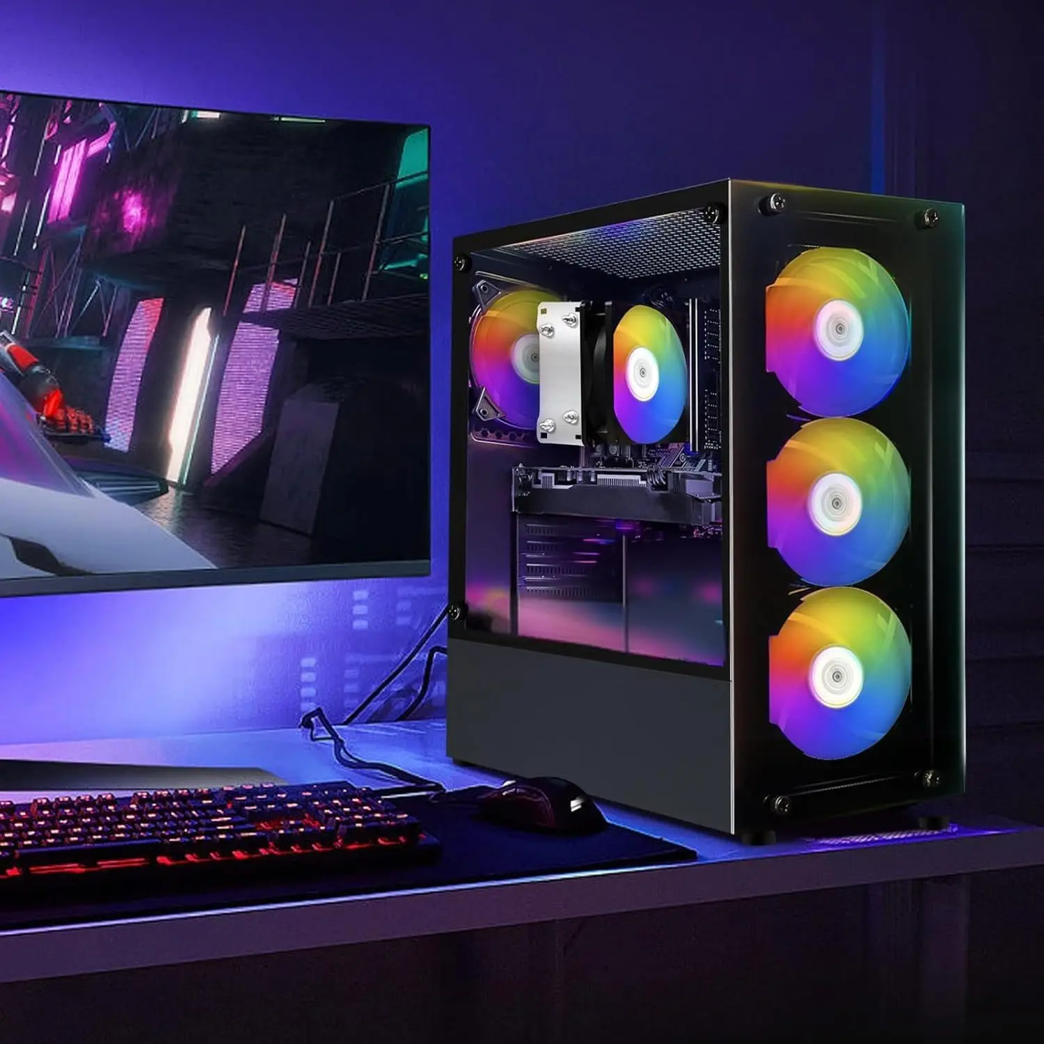 2026 Gaming PC Desktop Computer, Ryzen 5 2600 up to 3.9G, GeForce RTX 2060 6G, 16G DDR4, 512G SSD, 600M WiFi, BT 5.0, RGB Fa