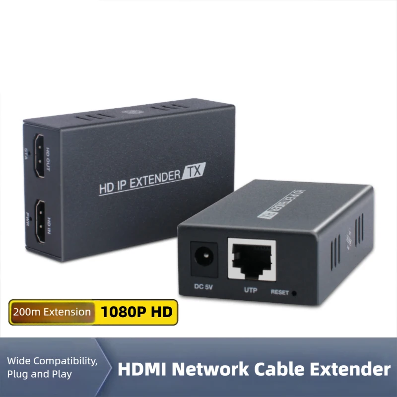 200m HDMI Extender Over IP RJ45 1080P@60Hz TX RX Kit with 2 Power Adapters via Cat5e Cat6 Cable for Projector Home Theater Video