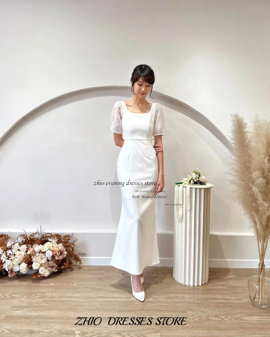 ZHIO простое современное свадебное платье трапециевидной формы с квадратным вырезом и пышными рукавами на заказ, атласное элегантное свадебное платье, длинное минималистское платье для фотосессии