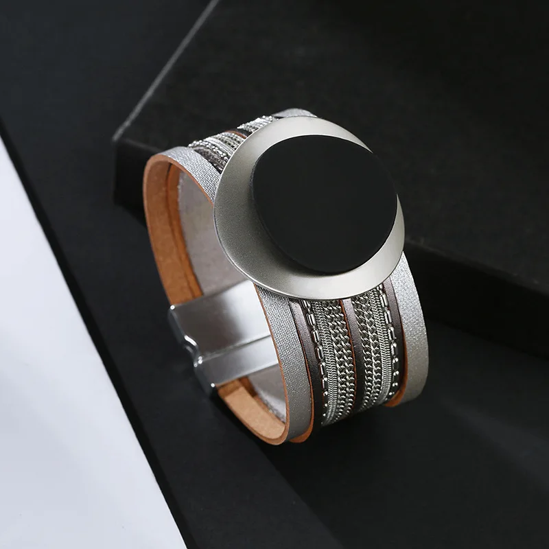 Kirykle Boho Leather Bracelet for Women 2023 Circle Matte Metal Board Charm Wide Bracelet Female Jewelry Girl Party Gift
