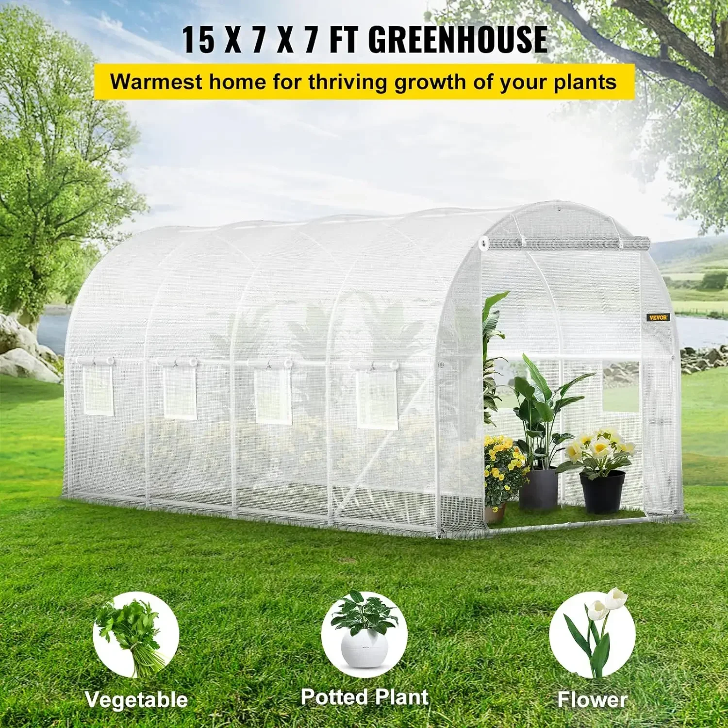 7 ft Walk-in Tunnel Greenhouse, Portable Plant Hot House w/ Galvanized Steel Hoops, 1 Top Beam, Diagonal Poles, Zippered Door