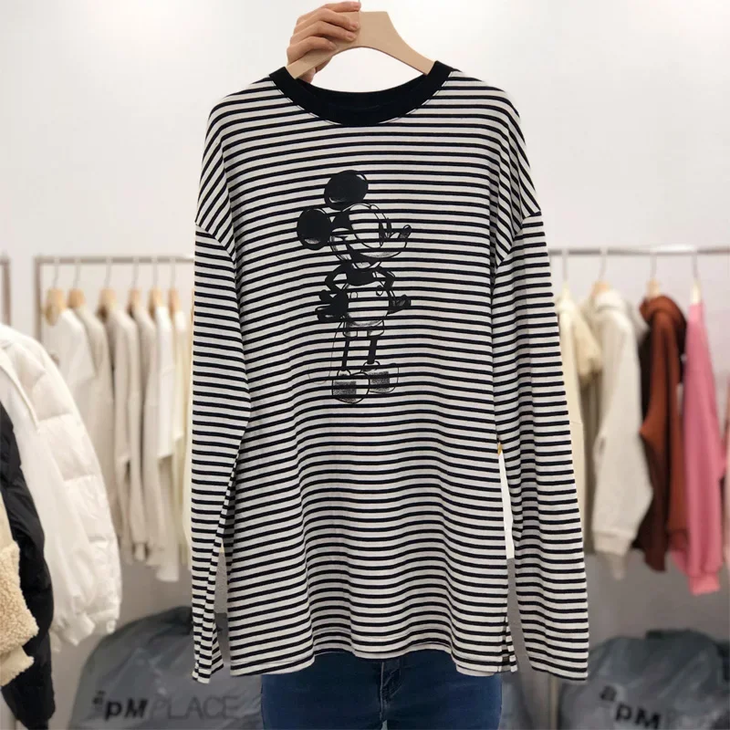  Black White Striped Bottoming Shirt Women's 2023 New Inner Wear Loose Pure Cotton Cartoon Long-Sleeved T-shirt Top