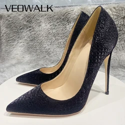 Veowalk Fluo Black Mint Green White Women Croc-Effect Pointy Toe Stiletto Pumps Sexy Ladies Party Dress High Heel Shoes 8-12cm