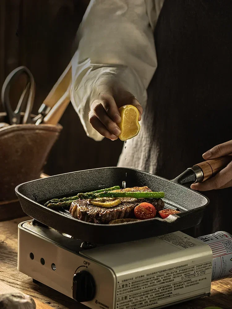 Worry-free diary cast iron frying pan uncoated non-stick household striped frying pan for fried steak