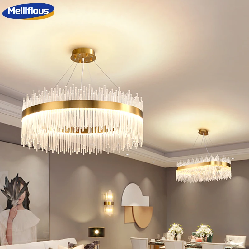 

New LED Crystal Chandelier Gold Dimmable Bedroom Living Room Ceiling Pendant Lamp Luxury Hotel Pendant Lights Apartment Lighting