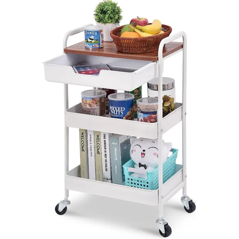 

3-Tier Metal Utility Rolling Cart with Drawer & Wooden Table Top, Storage Cart White Trolley Kitchen Organizer Rolling Desk