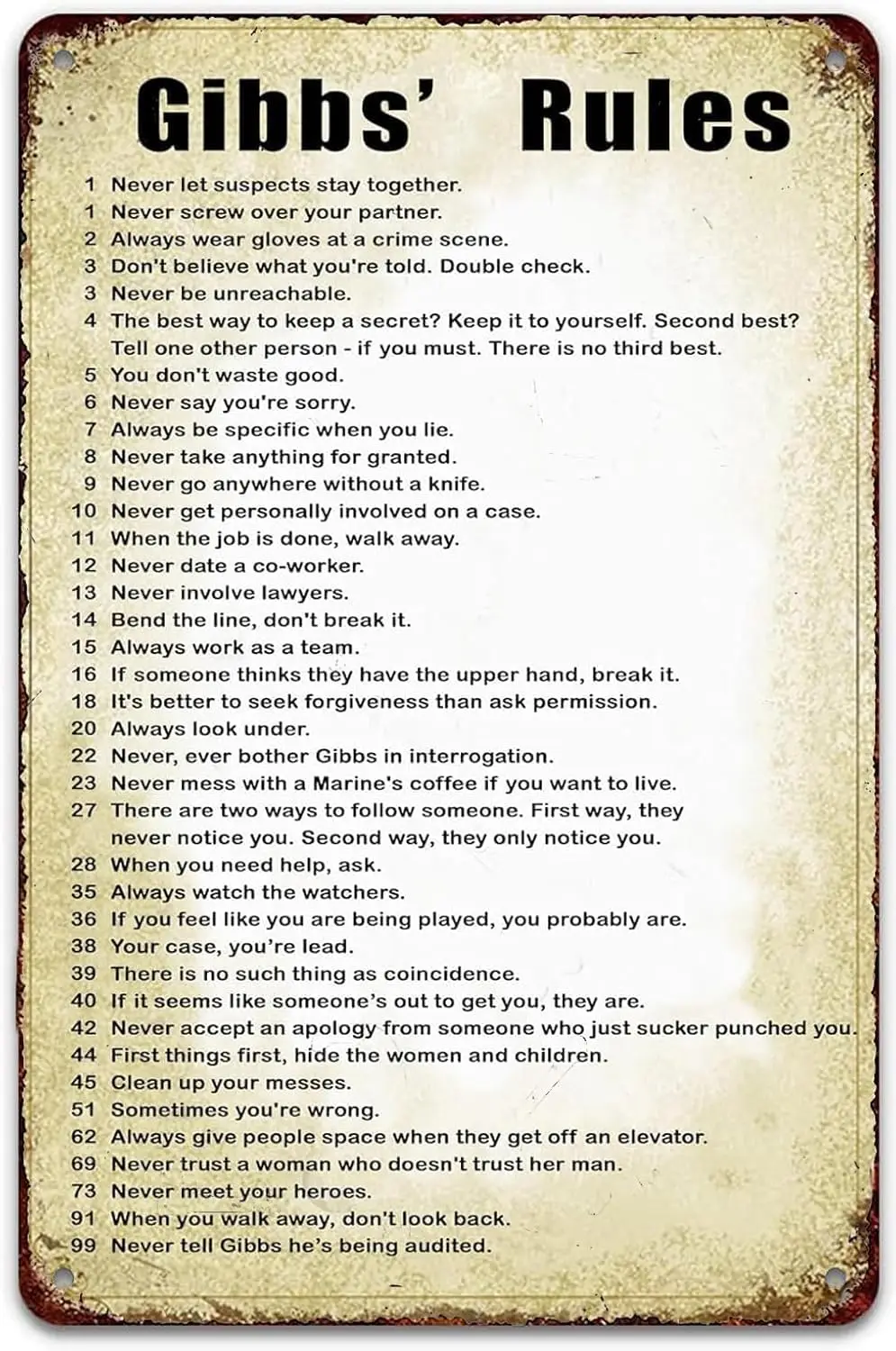 Gibbs Rules Sign Retro Poster House Rules Funny Vintage Metal Tin Signs Art Decor 12x8 Inch sign